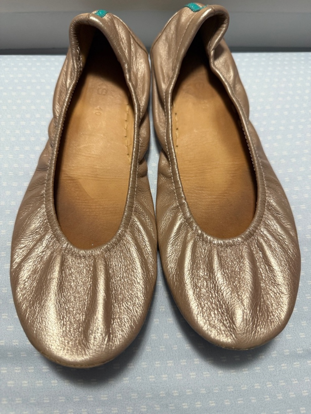 Tieks Metallic rose gold Ballet Flats with Teal Heel Tab